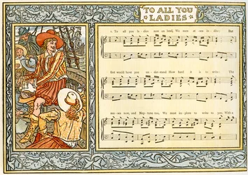„Všem, dámy, nyní na souši, my muži na moři indite“, ilustrace písně z „Pan-Pipes“, Kniha starých písní, nově aranžovaná as doprovodem Thea. Marzials, vydané v Londýně nakladatelstvím George